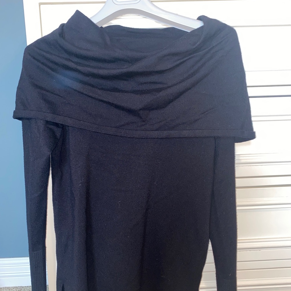 Black off the shoulder or neck scarf sweater